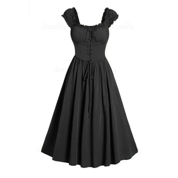Elvqul Womens Retro Dresses Black Gothic Dress Straps Pleated Medieval Sleeveless Patchwork Corset Dress for Ladies Formal