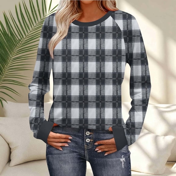 Elvqul Womens Round Neck Shirts Long Sleeve Printing Tops Waist Cinching Fashionable Lightweight Shirts for Women