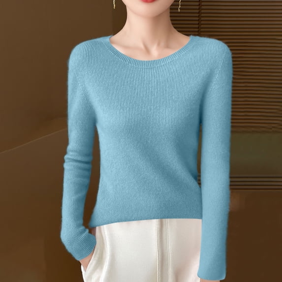 Vetsdori Womens Round Sweaters Holiday Pullover Plain Blue Long Sleeve Office Sweaters for Women Soft