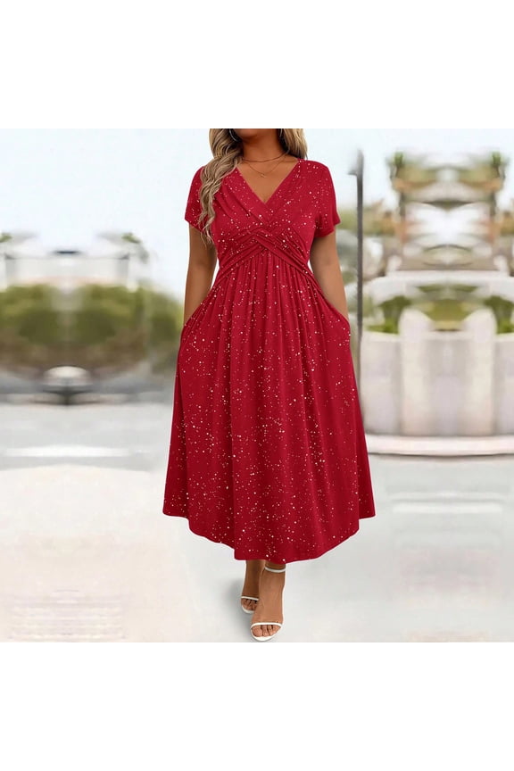 Womens Ruffle Dresses Plus Size Short Sleeve Max Gown with Pockets Trendy V Neck Solid Formal for Ladies