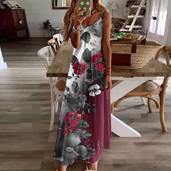 Elvqul Long Dress for Women Slim Scoop Neck Summer Dress Pullover Tunic Holiday Womens Sleeveless Dress Boho, Sizes S-3X