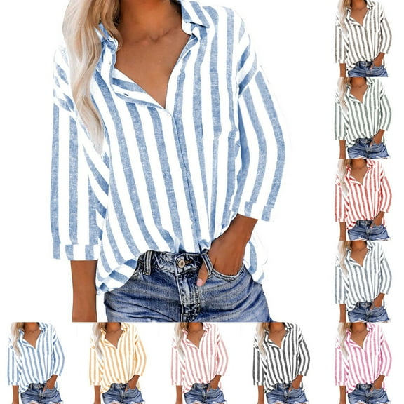 Elvqul Womens Shirts Button down Blouses for Women Fall Striped Collared 3/4 Sleeve Light Blue Shirt