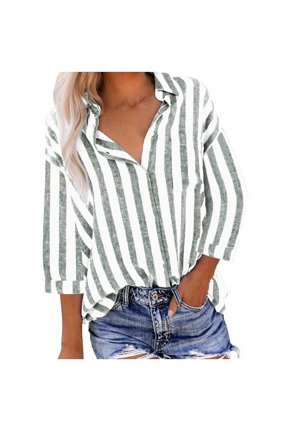 Womens Shirts Button down Womens Blouses 3/4 Sleeve Striped Army Green Open Front Collared Shirt