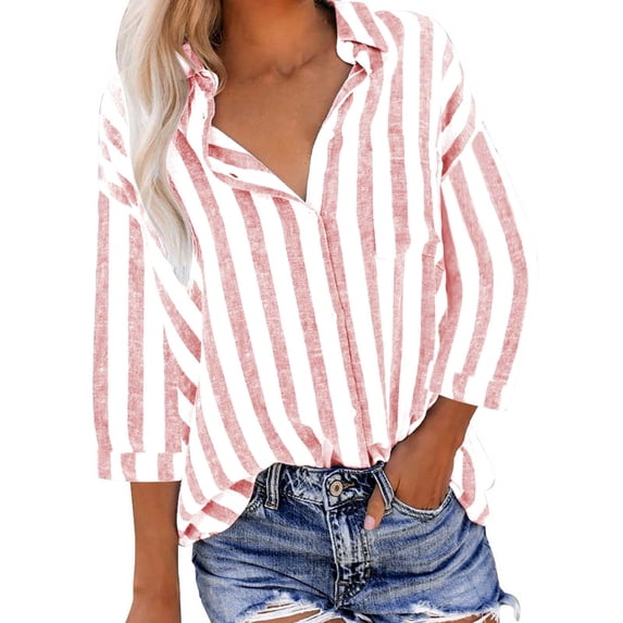 Elvqul Womens Shirts Button down Womens Blouses Open Front Collared Striped 3/4 Sleeve Pink Shirt