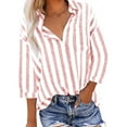 thumbnail image 1 of Elvqul Womens Shirts Button down Womens Blouses Open Front Collared Striped 3/4 Sleeve Pink Shirt, 1 of 7