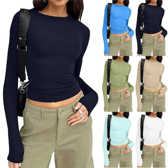 Royisotas Womens Shirts Casual Blouse Elastic Pullover Long Sleeve Crewneck T Shirts for Women Tunic