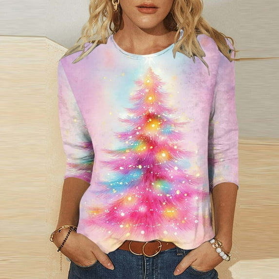 Elvqul Womens Shirts Christmas Crewneck Tops Casual Plus Size 3/4 Sleeve Winter Shirts for Women