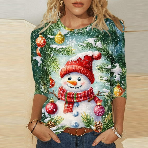 Elvqul Womens Shirts Christmas Tops Merry Christmas Plus Size Crewneck Print Shirts for Ladies 3/4 Sleeve