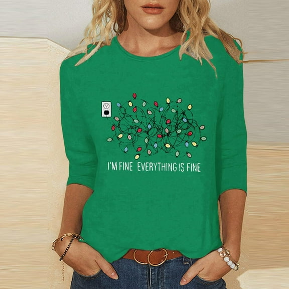 Elvqul Womens Shirts Cozy Tops 3/4 Sleeve Christmas Plus Size Graphic Crew Neck Shirts for Women Green