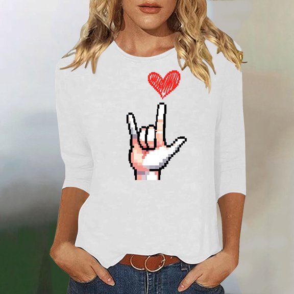 Elvqul Womens Shirts Fashionable Pattern Blouses Loose Fashionable 3/4 Sleeve Crew Neck Pullover Shirts for Ladies