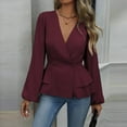 thumbnail image 1 of Elvqul Womens Shirts Long Sleeve Solid Color Wine Blouses Casual Fashionable Ruffle V Neck Tops for Women, 1 of 7