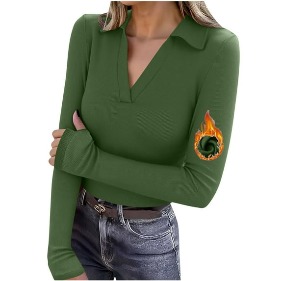 Elvqul Womens Shirts Long Sleeve Spring Tops Undershirts Thermal Knit Slim Green Shirts for Women