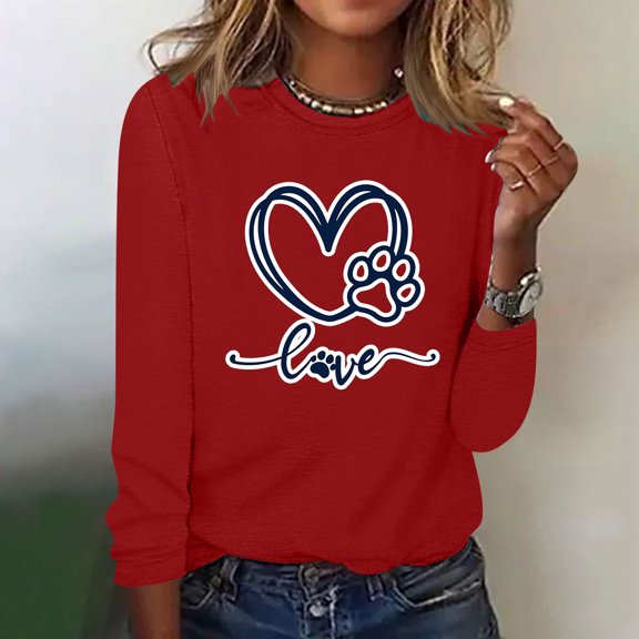 Elvqul Womens Shirts Long Sleeve Stylish Tops Round Neck Festival Dog Paw Graphic Casual Shirts for Women Pullover