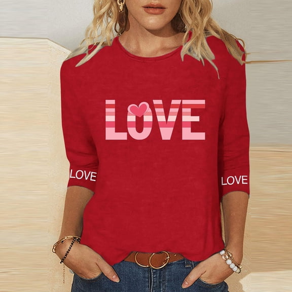Elvqul Womens Shirts Love Fashion Spring Tops Cute Valentines Red Graphic 3/4 Sleeve Crew Neck Blouse for Tees