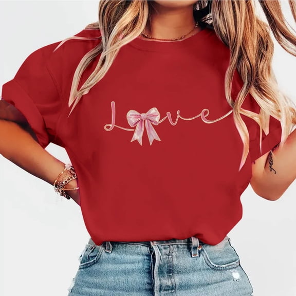 Elvqul Womens Shirts Love Summer Valentines Tops Stylish Graphic Short Sleeve Crew Neck Red Blouse for Tees Plus Size