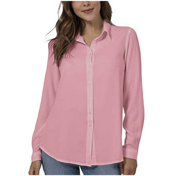 Elvqul Womens Shirts Plus Size Collared Button down Blouses for Women Pink Solid Long Sleeve Fall Shirt