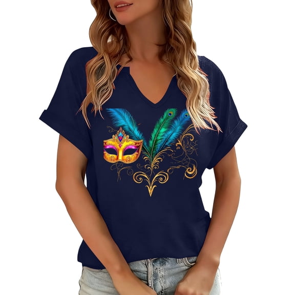 Elvqul Womens Shirts Short Sleeve Tops V Neck Pullover Carnival Holiday Mask Graphic Plus Size Blouses for Women Mardi Gras