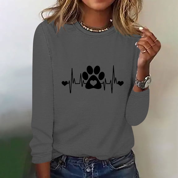 Elvqul Womens Shirts Tops Spring Long Sleeve Crewneck Dog Paw Graphic Pullover Versatile Shirts for Juniors