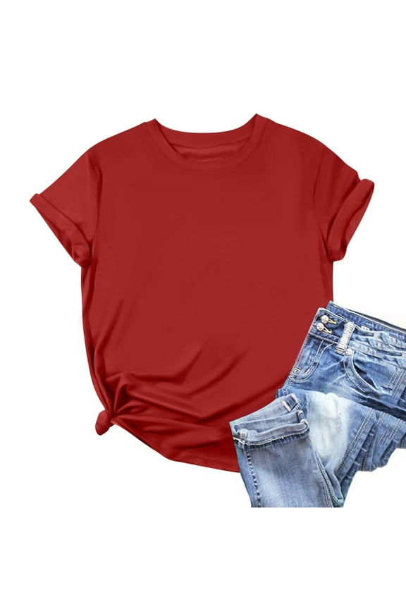 Womens Shirts Trendy T Shirts Short Sleeve Solid Pullover Red Tops for Women