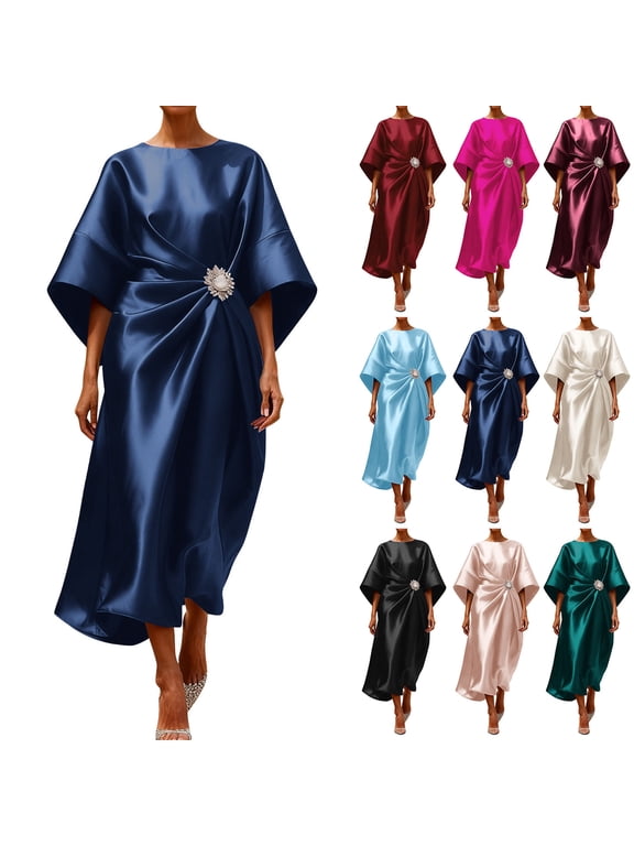 Womens Short Sleeve Dresses Plus Size Crew Neck Max Gown Spring Solid Ruffle Pleated Evening Dress for Ladies Blue