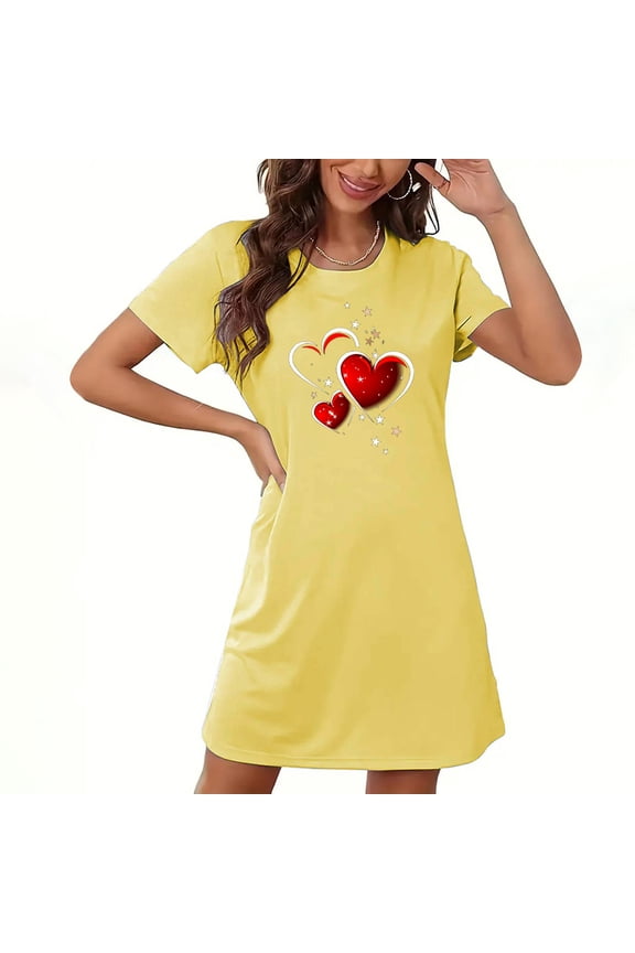 Womens Short Sleeve Nightgowns Crew Neck Casual Loungewear Holiday Pull on Print Nighty Yellow Nightgowns
