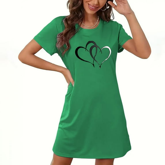 Elvqul Womens Short Sleeve Nightgowns Print Summer Casual Sleepwear Crew Neck Plus Size Holiday Night Dress Green Pullover Nightgowns