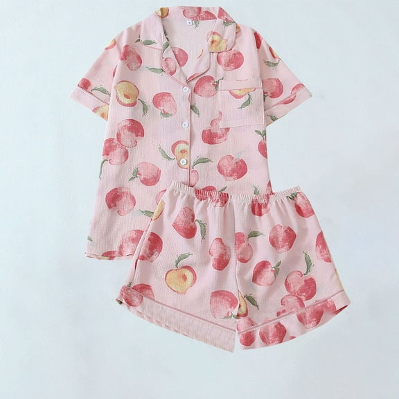 Elvqul Womens Short Sleeve Pajamas Summer Button up Soft Home Sleep Shirts Graphic with Pocket Collared Pink Pajamas Set