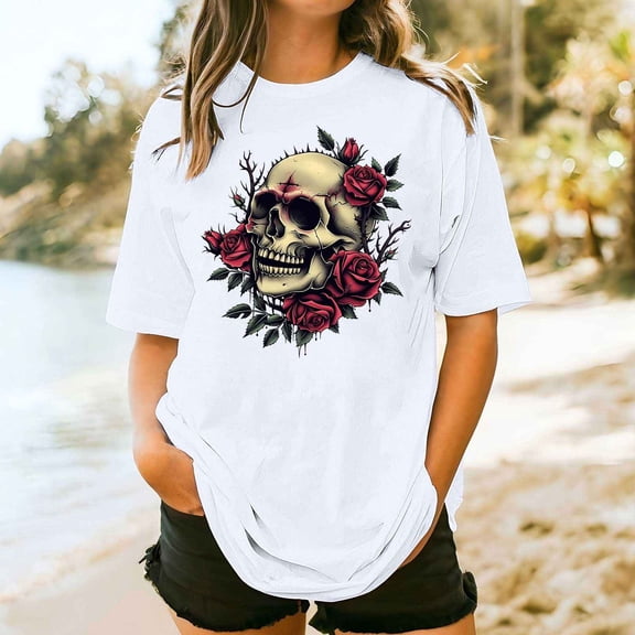 Elvqul Womens Short Sleeve T Shirts Plus Size Tops Casual Holiday Crew Neck Blouses for Juniors White