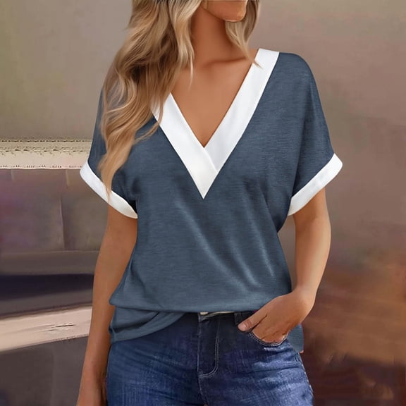 Elvqul Womens Short Sleeve Tops Deep V Neck Blouses Plus Size Pullover Gray Solid Shirts for Women Spring Summer