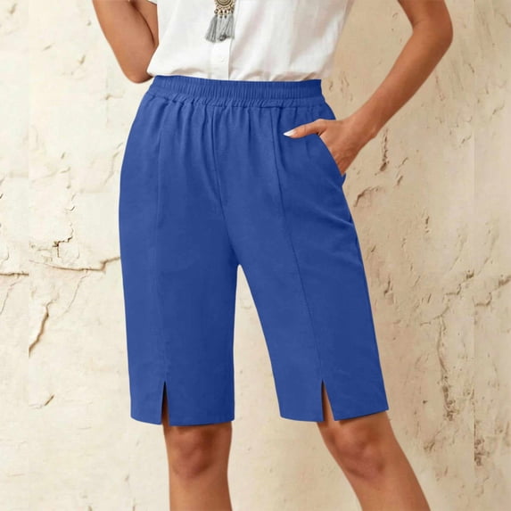 Elvqul Womens Shorts Cotton Bermuda Short Lounge Pocket Mid Rise Knee Length Dressy Casual Wide Leg Shorts for Women Summer