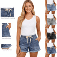thumbnail image 1 of Elvqul Womens Mid-Rise Short Pants Pockets Jean Shorts Pull-On Stretch Summer Y2K Drawstring Plain Denim Shorts for Women, 1 of 8
