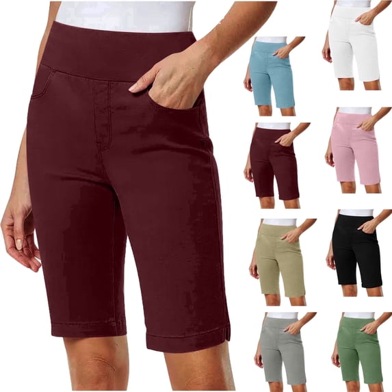 Elvqul Womens Shorts Mid Rise Pockets Shorts Casual Dreesy Pull On Quick Dry Solid Summer Bermuda Shorts for Women Loune