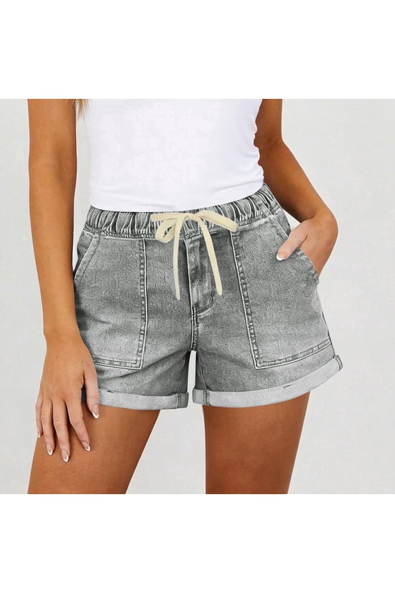 Hot Pants for Women Pocket Mid Rise Jean Shorts Pull On Summer Outdoor Y2K Plain Stretch Juniors Denim Short Drawstring