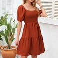 thumbnail image 1 of Elvqul Womens Silk Dresses Ruffled Girls Midi Short Sleeve Square Neck Plain Red Dresses, 1 of 8