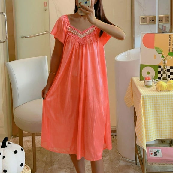 Elvqul Womens Silky Nightgowns Plus Size Short Sleeve V-Neck Nightdress Plain Comfortable Red
