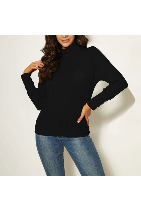 Womens Skinny Sweaters Thick Warm Knit Pullover Winter Comfy Solid Sweaters Tops Long Sleeve Black Blouse for Women