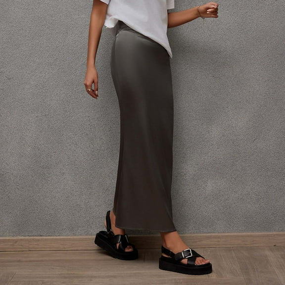 Elvqul Womens Skirts Dark Gray Trendy Soft Elastic High Waist Solid Color Casual Long Skirts for Ladies