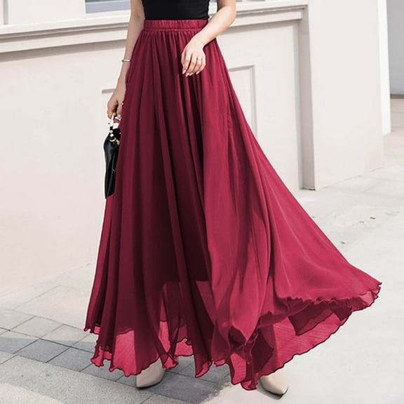 Elvqul Womens Skirts Multi-Layer Red Everyday Long Full Summer Elastic Plain High Waist Plus Size Skirts