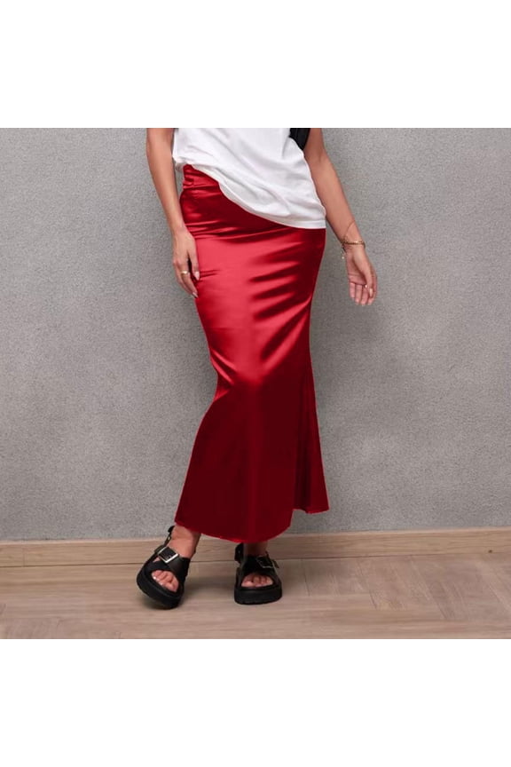 Womens Skirts Red Solid Color Winter Elastic High Waist Soft Trendy Long Skirts for Juniors
