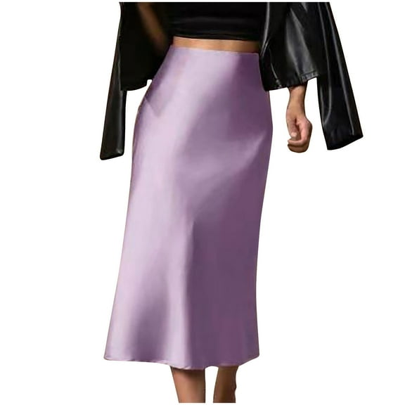 Elvqul Womens Skirts Satin Plain Purple Midi Ladies Skirts