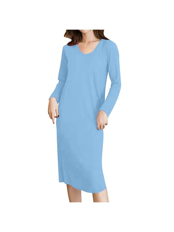 Womens Sky Blue Nightgowns Long Sleeve Sleepwear Padded Crew Neck Mid Length Winter Night Shirts for Women Solid Color
