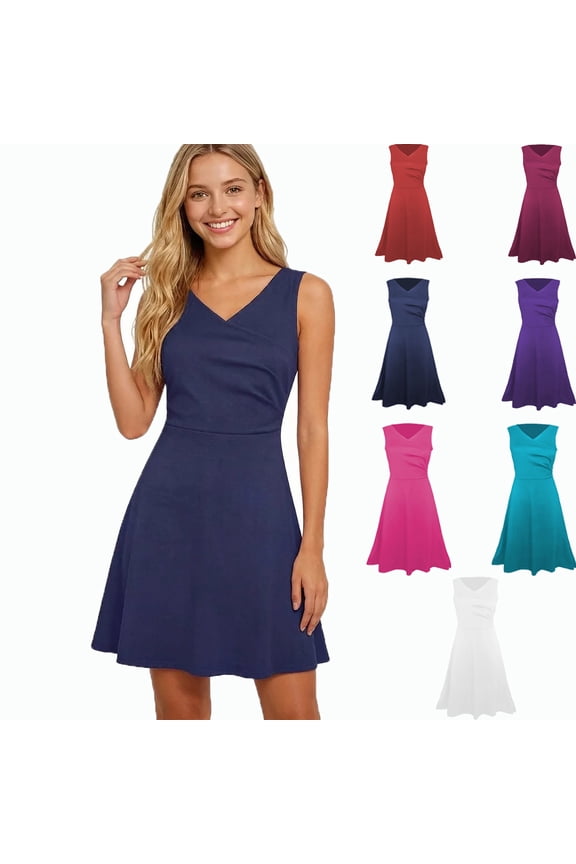 Womens Sleeveless Dresses Mini Pullover Dresses Tunic Summer V Neck Dresses for Juniors Solid
