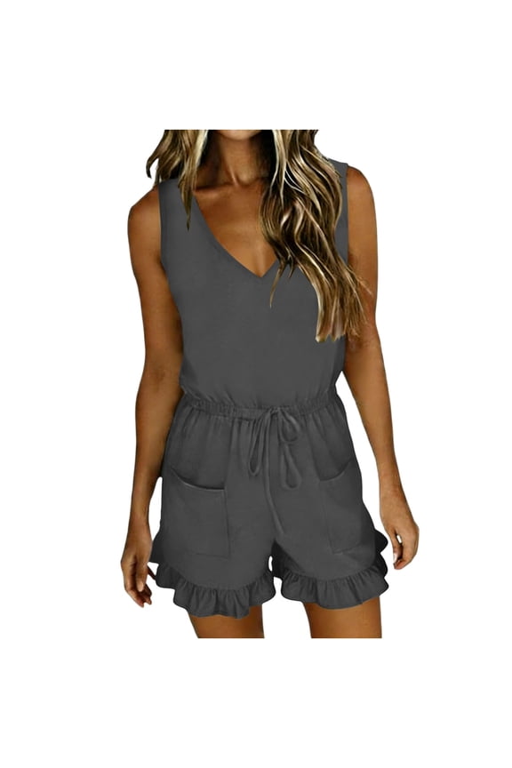 Womens Sleeveless Rompers Pull-On with Pocket Short V Neck One Piece Summer Wide Leg Elastic Waist Short Pants for Ladies