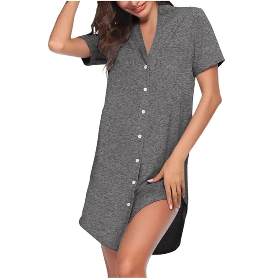 Elvqul Womens Solid Nightgowns Comfy Collared Short Sleeve Loungewear Basic Night Dress Gray Button up with Pocket Nightgowns
