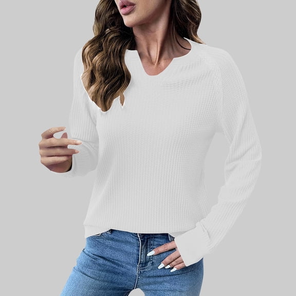 Elvqul Womens Spring Blouses V Neck Shirts Solid Ribbed Cuffs Pullover Blouses for Women Long Sleeve