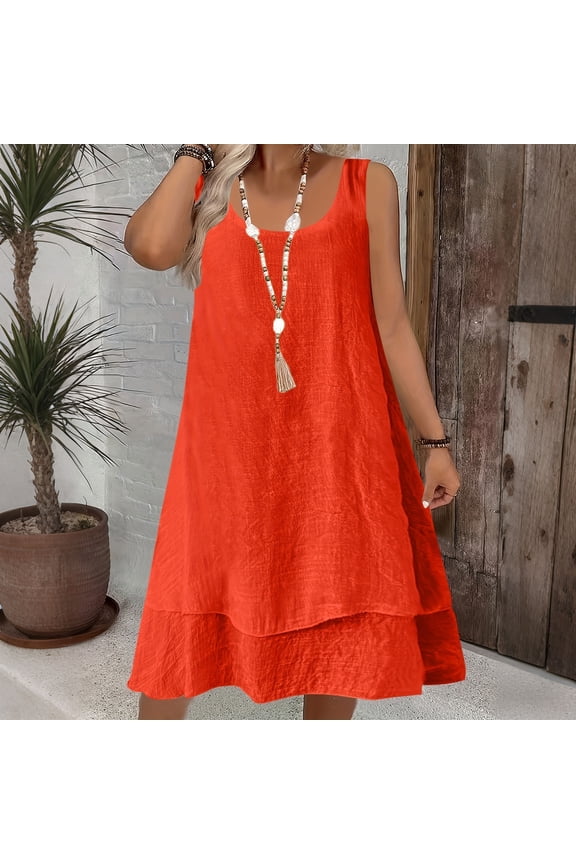Womens Spring Dresses Pleated Plus Size Max Gown Crew Neck Sleeveless Pleated Solid Rompers for Ladies