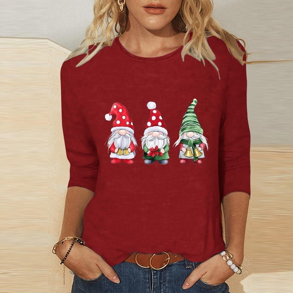 Elvqul Womens Spring Tops Crew Neck Pullover Blouses 3/4 Sleeve Christmas Santa Claus Graphic Tops for Women Soft