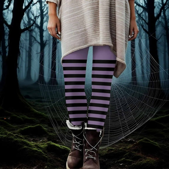 Elvqul Womens Stretch Leggings High Waist Halloween Pants Plus Size Purple Lounge Striped Leggings Pants for Women