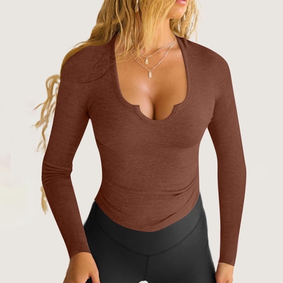 Elvqul Womens Stretchy Shirts Waist Cinching Round Neck Tops Fashion Solid Color Knit Long Sleeve Shirts for Women