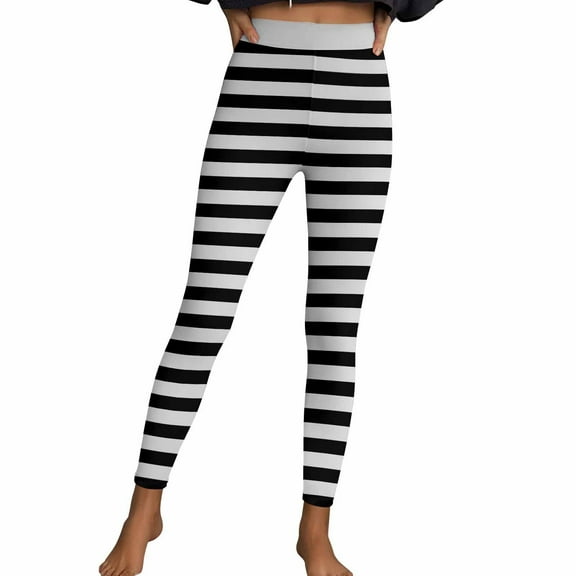 Elvqul Womens Striped Leggings Pants White Workout Pants Casual High Waist Athletic Stretch Leggings for Ladies